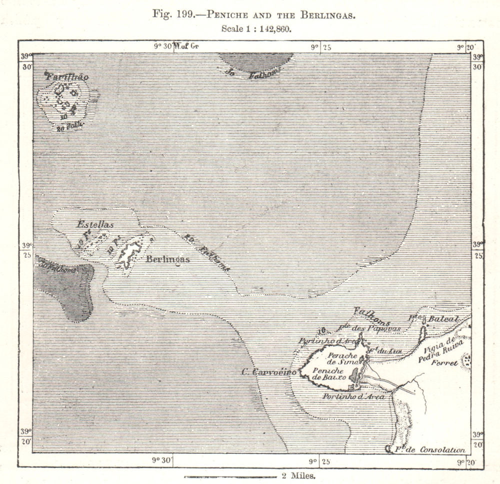 Peniche and the Berlengas. Portugal. Sketch map 1885 old antique chart
